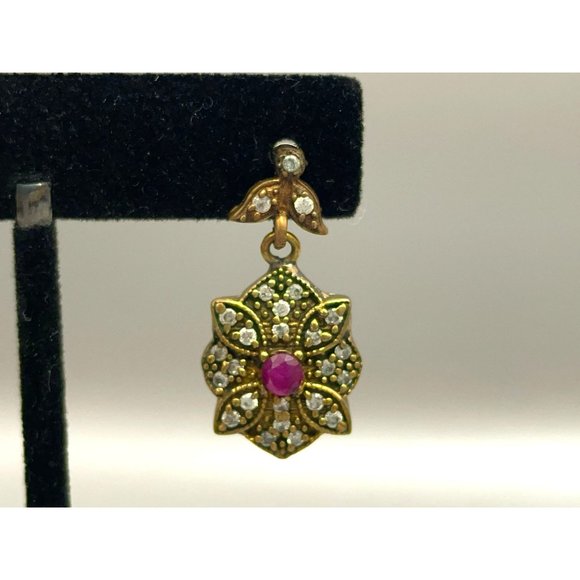 Turkish Sterling Silver Genuine Ruby Simulated White Topaz Dangle Earrings EUC - Picture 2 of 11